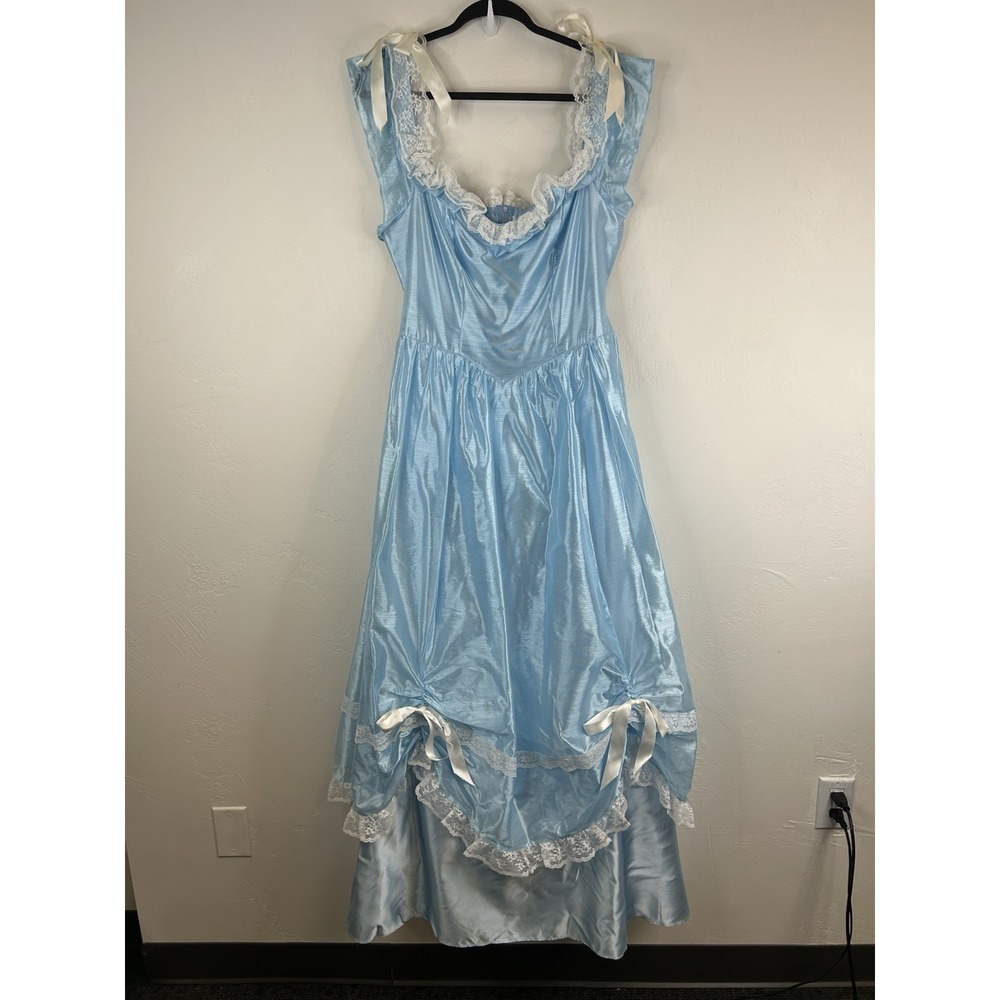 Vintage 70s Formal Blue Satin Gown Lace Trim Bows Princess Theatrical Costume - Picture 2 of 14